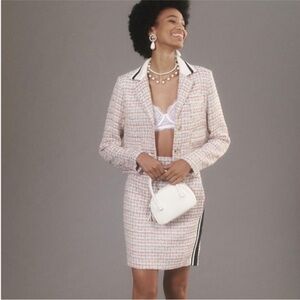 Anthropologie Maeve Pink & White Boucle Tweed Cropped Blazer